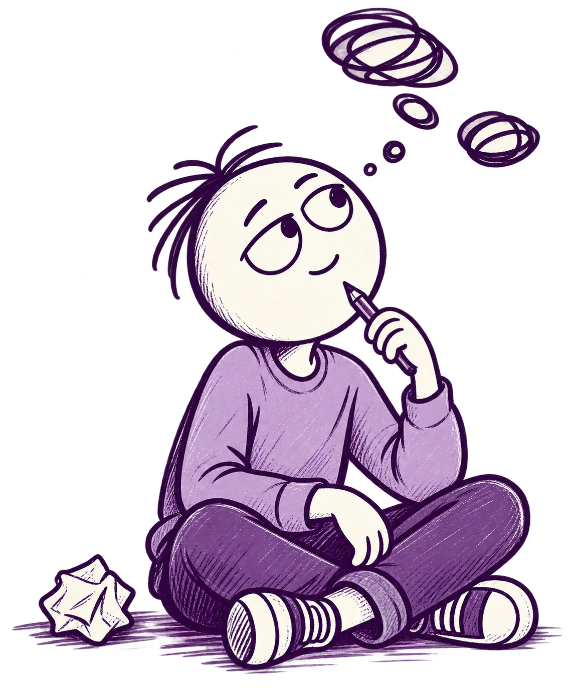 Ilustração de uma pessoa pensativa, no traço do manual